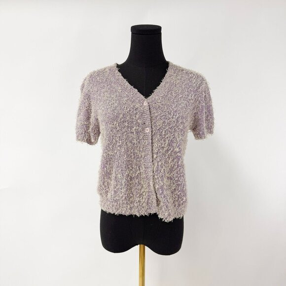 The cutest 90s style short sleeve button up Furry Lilac Cardigan - Picture 6 of 6